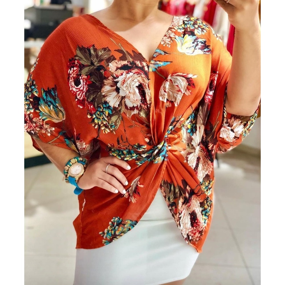 Umgee Rust Orange Floral Twist Front Dolman Sleeve Blouse Top‎ Sz S Boho Cottage